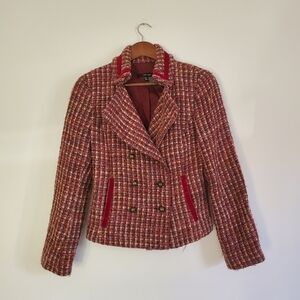 ZARA | Double Breasted Collared Tweed Magenta Black Blazer (Size M)
